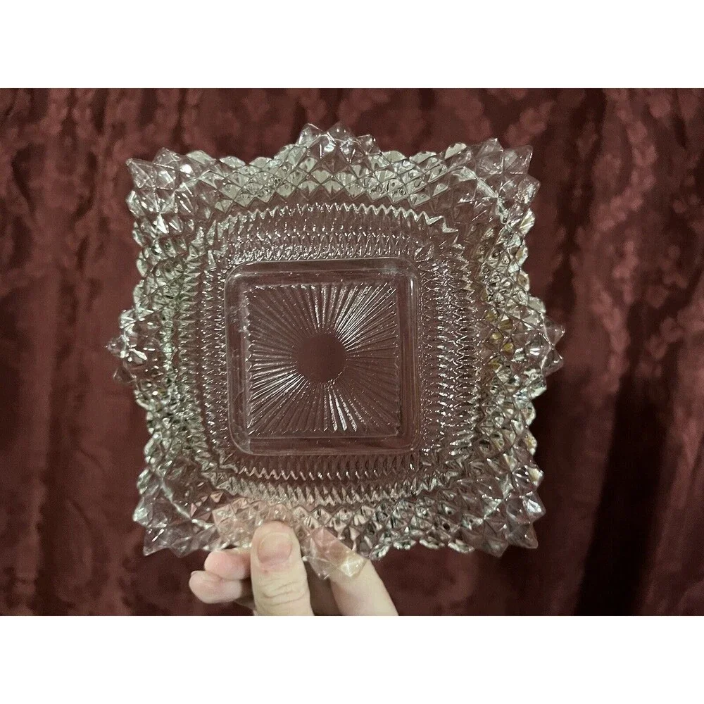 Set of 3 INDIANA GLASS Bowls Square Ruffle Diamond Point Candy Nut Dish Clear